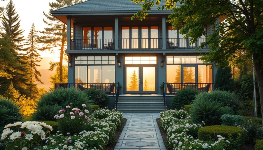 A serene view of a beautiful, modern home surrounded by lush greenery, representing the actress's residence. In the foreground, a quaint garden filled with blooming flowers and a decorative pathway leads to the welcoming front door, showcasing a warm, inviting atmosphere. The middle ground features large windows that reflect soft, golden sunlight, emphasizing the home's elegant architecture and spacious balconies. In the background, a tranquil landscape with tall trees and gentle hills creates a peaceful setting. The overall mood should evoke nostalgia and warmth, capturing the essence of a beloved home. Use soft lighting to enhance the emotional appeal, with a slightly elevated angle to showcase the home's grandeur.