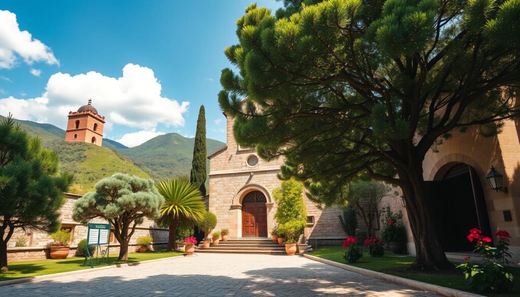 A serene view of a historical monastery, nestled in green hills, showcases its distinctive architecture with stone walls and a charming bell tower. In the foreground, a peaceful courtyard is lined with ancient trees and vibrant flowers, inviting visitors to reflect. The middle layer features the monastery's entrance, adorned with ornate wooden doors and a welcoming archway. A sense of tranquility pervades the scene, enhanced by soft, golden sunlight filtering through the foliage, casting gentle shadows on the cobblestone path. In the background, the hills rise majestically, under a clear blue sky with fluffy white clouds. The atmosphere is contemplative and inviting, perfect for an appreciation of the monastic lifestyle.