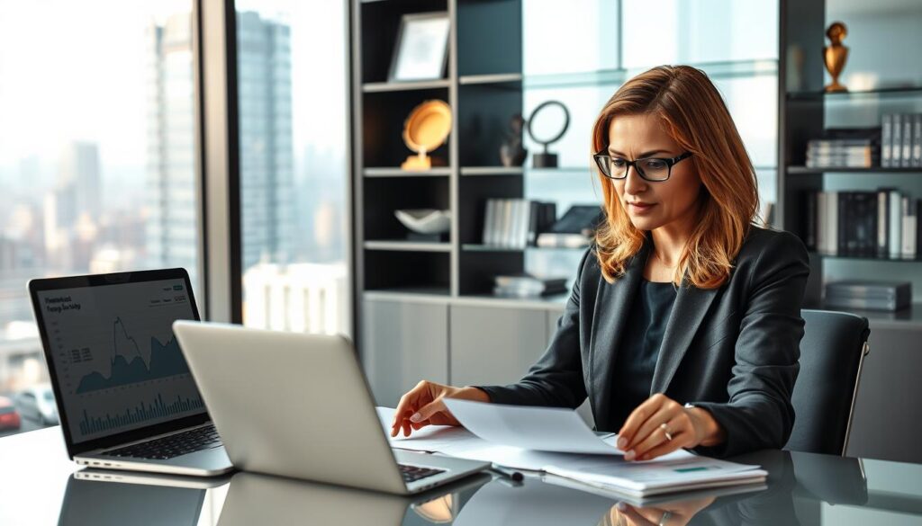 A sophisticated office setting featuring a professional woman in business attire, representing Jadwiga Emilewicz, seated confidently at a sleek desk. The foreground showcases her thoughtfully analyzing financial documents, with a laptop open displaying graphs of assets and debts. In the middle, a large window reveals a bustling cityscape, symbolizing her connection to urban economic life, illuminated by soft, natural daylight. The background displays a modern office bookcase filled with financial literature and awards, conveying a sense of achievement and expertise. The atmosphere is serious yet hopeful, reflecting her financial situation with a blend of determination and professionalism. The angle is slightly elevated, providing a clear view of her focus and the financial context surrounding her.