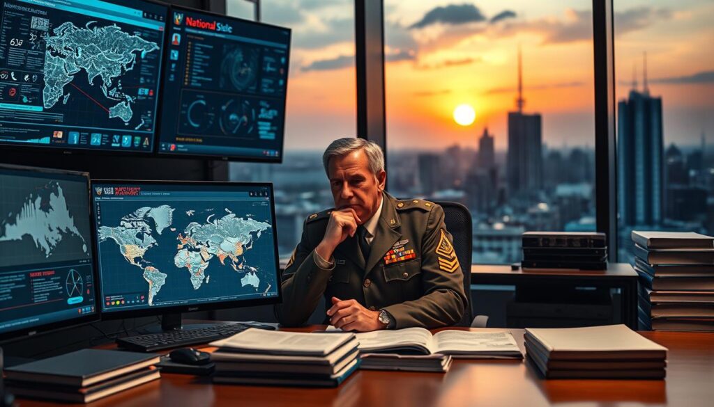 A thoughtful general sitting at a modern desk, studying a digital map of national security threats, surrounded by various high-tech monitoring equipment. In the foreground, a high-resolution screen displays a complex flow of data with security graphics and threat indicators. The middle layer includes stacks of strategic documents and military books, emphasizing the analytical approach to contemporary global challenges. In the background, a large window reveals a cityscape, under a dimly lit atmosphere with the evening sun setting, creating a dramatic contrast. The general, wearing a professional military uniform, exhibits a focused and contemplative expression, symbolizing the weight of national security responsibilities. The lighting is soft yet direct, highlighting the seriousness of the situation. The overall mood is intense and serious, reflecting the gravity of modern global challenges.