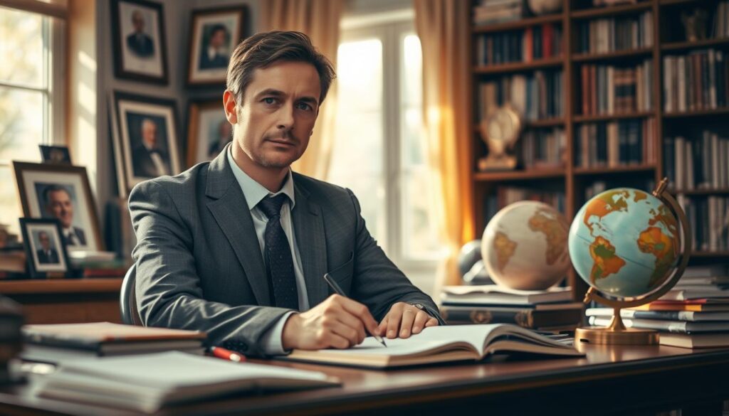 A thoughtful portrait of Tomasz Wolny, displaying his values and passions. In the foreground, depict a confident man in professional attire, sitting at a desk cluttered with books, a notepad, and a globe, symbolizing knowledge and worldliness. In the middle ground, include soft natural light filtering through a window, illuminating his focused expression as he writes. Surround him with framed photographs of his achievements and milestones, hinting at his dedication to journalism. The background should reveal a cozy yet professional environment, with bookshelves filled with literature and awards displayed. Aim for a warm, inspiring atmosphere, conveying both professionalism and a passion for his craft. Use a slightly blurred lens effect to emphasize the subject's importance while maintaining a sharp focus on his facial expression. A thoughtful portrait of Tomasz Wolny, displaying his values and passions. In the foreground, depict a confident man in professional attire, sitting at a desk cluttered with books, a notepad, and a globe, symbolizing knowledge and worldliness. In the middle ground, include soft natural light filtering through a window, illuminating his focused expression as he writes. Surround him with framed photographs of his achievements and milestones, hinting at his dedication to journalism. The background should reveal a cozy yet professional environment, with bookshelves filled with literature and awards displayed. Aim for a warm, inspiring atmosphere, conveying both professionalism and a passion for his craft. Use a slightly blurred lens effect to emphasize the subject's importance while maintaining a sharp focus on his facial expression.