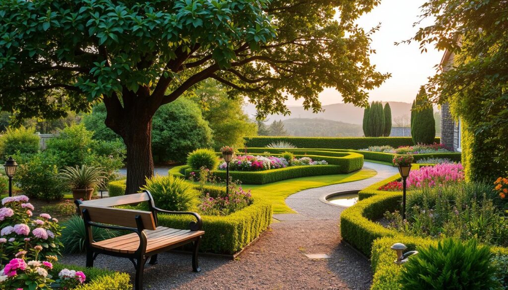 A tranquil garden scene as a private oasis, featuring lush greenery with a variety of plants, blossoming flowers, and a small pond. In the foreground, a wooden bench sits under the shade of a large, leafy tree, with soft sunlight filtering through. In the middle ground, vibrant flower beds burst with colors, alongside neatly trimmed hedges and a gravel pathway winding through the foliage. The background reveals a serene view of distant hills bathed in golden hues of late afternoon light. The atmosphere is peaceful and harmonious, evoking a sense of calm and relaxation. Ideal for capturing the essence of a personal retreat, the image should have soft, diffused lighting, lending an inviting and warm feel to the overall scene.