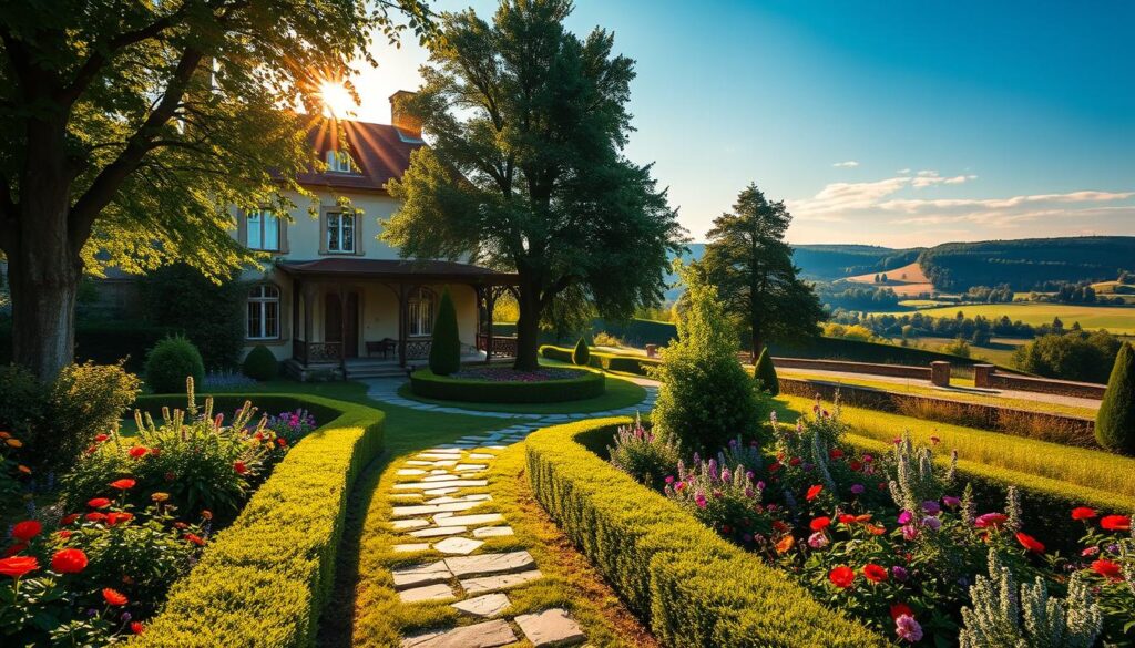 A tranquil scene depicting Czarnolas during the Renaissance, showcasing the charming manor house where Jan Kochanowski lived. In the foreground, lush green gardens filled with vibrant flowers and well-maintained hedges lead up to the elegant facade of the manor. The middle layer features trees providing dappled sunlight, while carefully placed stone paths invite exploration. In the background, a serene rural landscape unfolds, with rolling hills and a clear blue sky at golden hour, casting warm, inviting light across the scene. The overall mood is peaceful and reflective, capturing the essence of a center of life and creativity, encouraging viewers to immerse themselves in the historical significance of this place. No people are depicted in the image.