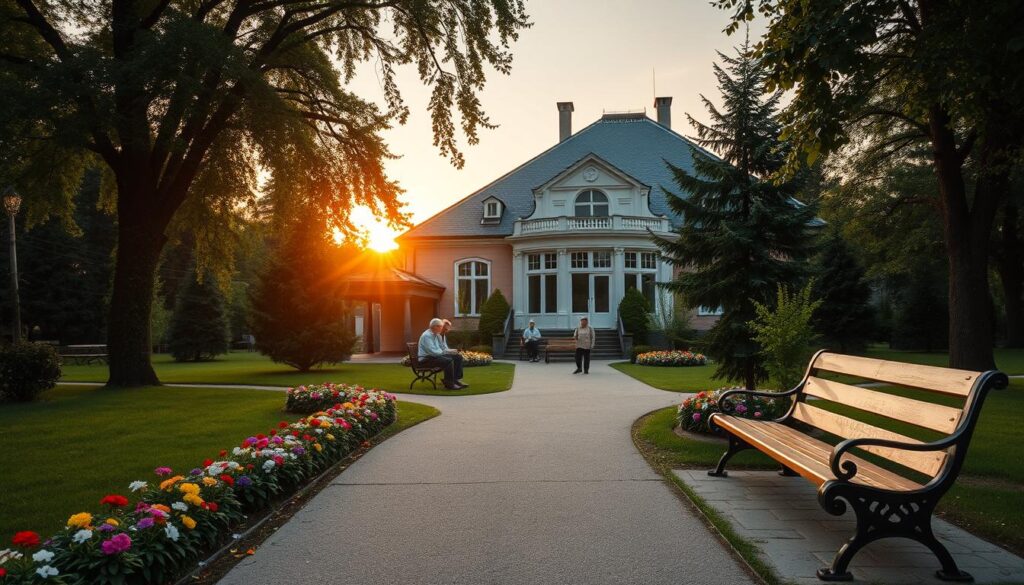 A tranquil scene depicting the Dom Artystów Weteranów in Skolimów, surrounded by lush gardens and trees, illustrating a peaceful, serene atmosphere. In the foreground, include a well-manicured pathway lined with colorful flowers leading to the entrance of the building, which features elegant, vintage architecture with large windows. The middle ground should show benches where a small group of elderly artists, dressed in modest, casual clothing, are engaged in quiet conversation, reflecting a sense of community and camaraderie. In the background, a soft sunset casts a warm glow over the scene, enhancing the idyllic setting. Use soft natural lighting and a slightly elevated angle to capture the essence of tranquility and artistry in this historic residence for veterans.