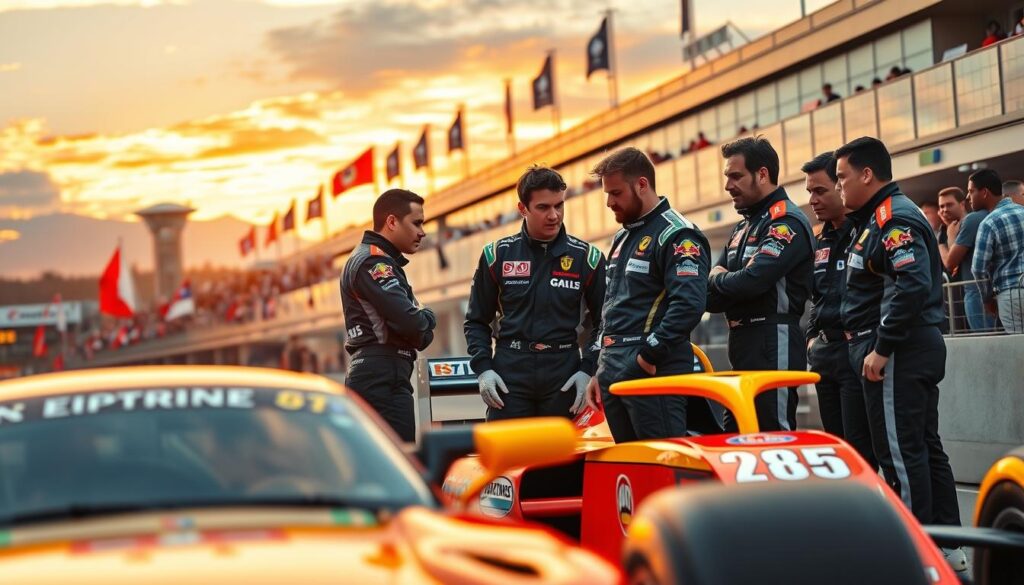 A vibrant Grand Prix racing scene captures the essence of teamwork and strategy, set against the backdrop of a bustling racetrack. In the foreground, a group of well-dressed pit crew members in professional racing uniforms huddle together, discussing strategy with earnest expressions. They stand beside a sleek, brightly colored race car adorned with various team logos. The middle ground features the blurred motion of excited fans cheering in the stands, with flags waving in support of their teams. In the background, the grandstands and a dramatic sunset sky add depth, with warm golden hues illuminating the scene. Use a dynamic angle to convey a sense of movement and urgency in the air, creating an electric atmosphere that embodies camaraderie and dedication. The lighting is warm and inviting, enhancing the competitive yet friendly vibe of the racing world.