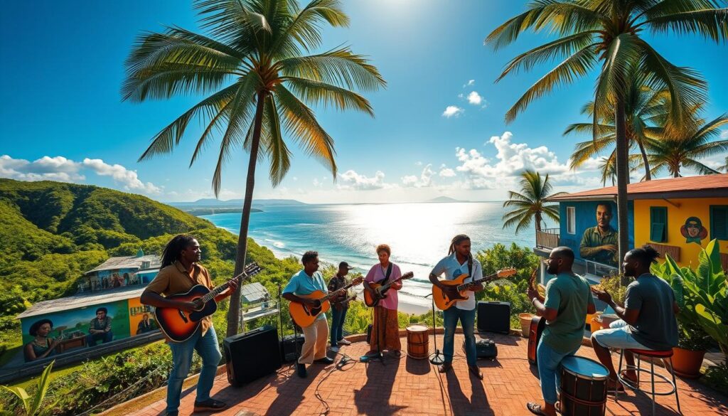 A vibrant Jamaican landscape infused with reggae culture, featuring lush green hills, swaying palm trees, and a bright blue sky. In the foreground, a group of musicians wearing modest casual clothing plays lively reggae music with instruments like guitars and drums, radiating joy and harmony. In the middle ground, colorful murals depicting reggae legends and cultural icons adorn local buildings. The background showcases the tranquil Caribbean Sea glistening under the warm, golden sunlight, with rhythmic waves lapping against the shore. The atmosphere is lively and celebratory, showcasing the essence of Jamaica's influence on reggae music. Capture the scene with soft, natural lighting to enhance the vivid colors and the warmth of the island vibe, using a wide-angle perspective to encompass both the musicians and the beautiful landscape.