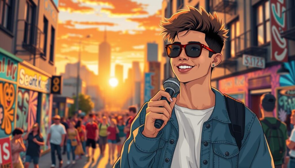 A vibrant and dynamic illustration of "sbm starter Kinny Zimmer" thriving in an urban setting. In the foreground, depict Kinny Zimmer, a young, ambitious artist dressed in modern, stylish casual attire, confidently holding a microphone, embodying the spirit of performance and creativity. In the middle ground, feature a lively street scene with colorful murals and energetic crowds, representing the artistic community that supports him. The background should showcase a city skyline at sunset, casting warm golden hues and deep oranges across the sky, creating a hopeful and inspiring atmosphere. Use a shallow depth of field to emphasize Kinny while softly blurring the bustling street behind him. The overall mood should exude ambition and excitement for new beginnings, highlighting the pivotal moment in his career.