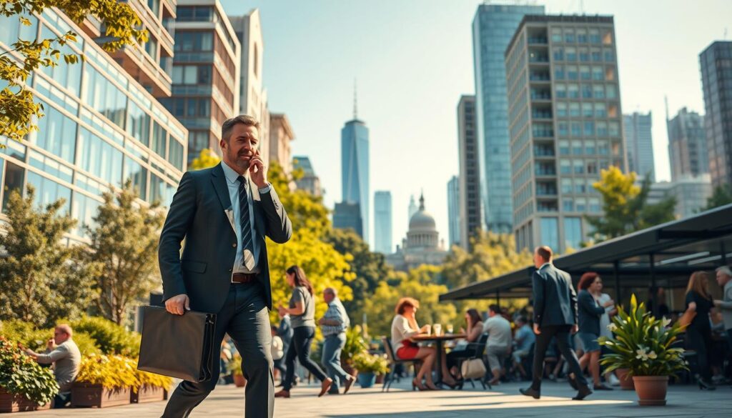 A vibrant and lively scene depicting life in a bustling urban capital city, focusing on modern architecture, green parks, and diverse people engaging in daily activities. In the foreground, a well-dressed man in business attire walks confidently, holding a briefcase while chatting with someone on his phone. The middle ground features a lively café terrace with patrons enjoying coffee, surrounded by lush greenery. In the background, iconic city skyscrapers rise against a bright blue sky, with a hint of historical landmarks peeking through. Soft afternoon sunlight bathes the scene, creating warm, inviting shadows. The atmosphere is dynamic and cheerful, capturing the essence of life in the capital, reflecting a balance of work and leisure in a modern metropolis. A vibrant and lively scene depicting life in a bustling urban capital city, focusing on modern architecture, green parks, and diverse people engaging in daily activities. In the foreground, a well-dressed man in business attire walks confidently, holding a briefcase while chatting with someone on his phone. The middle ground features a lively café terrace with patrons enjoying coffee, surrounded by lush greenery. In the background, iconic city skyscrapers rise against a bright blue sky, with a hint of historical landmarks peeking through. Soft afternoon sunlight bathes the scene, creating warm, inviting shadows. The atmosphere is dynamic and cheerful, capturing the essence of life in the capital, reflecting a balance of work and leisure in a modern metropolis.