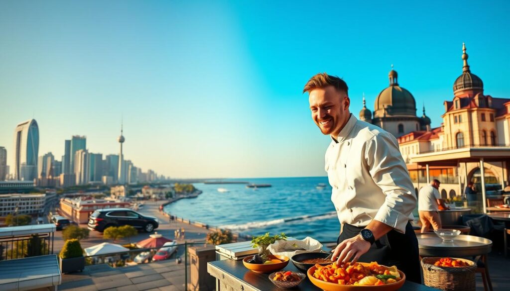 A vibrant composite image capturing the essence of Trójmiasto and Warsaw intertwined in the life of a professional chef. In the foreground, a chef in a crisp white coat and black trousers, joyfully preparing traditional Polish dishes on an outdoor kitchen patio. To the left, the iconic skyline of Warsaw with its modern architecture, blending seamlessly into the historic buildings of Gdańsk on the right. The background features the serene coastline of the Baltic Sea, with gentle waves lapping at the shore under a clear blue sky. Warm, golden sunlight casts soft shadows, creating an inviting and bustling atmosphere. The image focuses on the fusion of modern urban life and rich culinary traditions, presenting a story of both personal and professional engagement.