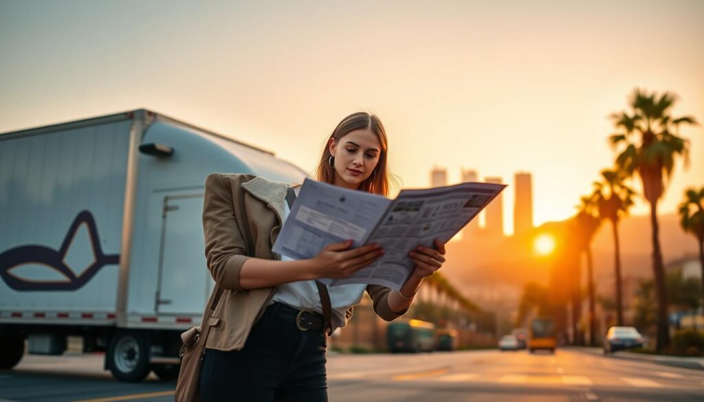 A vibrant urban scene of a young woman, dressed in stylish yet professional casual clothing, stands confidently in front of a moving truck in Los Angeles. In the foreground, she examines a map with determination, symbolizing her fresh start. The middle ground features the iconic Los Angeles skyline with palm trees lining the street, capturing the essence of the city. A warm, golden sunset bathes the scene in soft light, creating an inviting atmosphere. In the background, distant hills fade into a pastel sky, emphasizing the city's expansive possibilities. The overall mood is one of ambition and optimism, perfectly reflecting the spirit of moving to Los Angeles and building a career.