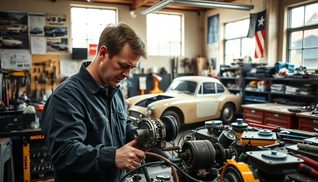 A vibrant workshop scene featuring Sebastian Wasiak, an experienced mechanic and creator, surrounded by an array of tools and automotive parts. In the foreground, Sebastian, a middle-aged man with short brown hair, dressed in a smart casual outfit, intently examines an engine component. The workshop is well-lit with large windows allowing natural light to flood in, creating a warm and inviting atmosphere. The walls are adorned with posters of classic cars and blueprints, adding character. In the middle ground, workbenches are cluttered with tools, and a partially restored vintage car is visible. In the background, shelves lined with spare parts and mechanics’ manuals complete the scene. The overall mood is industrious and creative, inviting viewers into the world of craftsmanship and automotive repair.