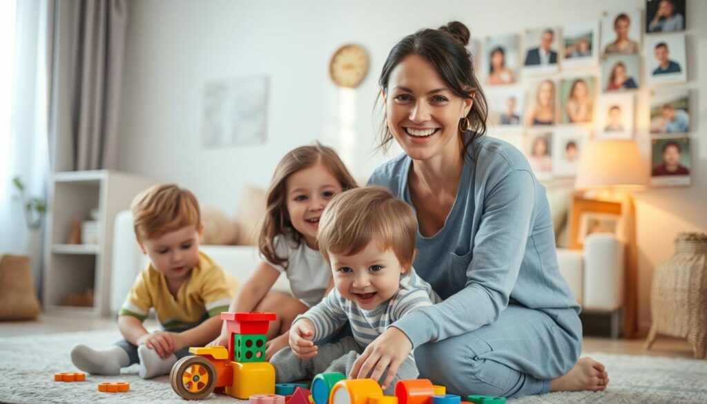A warm and inviting family scene featuring a mother with her children, smiling and enjoying a cozy moment together. The foreground shows the mother, dressed in modest casual clothing, kneeling beside her children, who are playing with colorful toys. The middle section captures a softly decorated living room with gentle light streaming in through a window, casting warm glows on the family. In the background, a family photo wall with pictures highlighting cherished memories adds depth to the atmosphere. The mood is joyful and nurturing, emphasizing the bond between family members. The overall composition aims to evoke feelings of love and togetherness, capturing a snapshot of a harmonious family life. Use natural lighting to enhance the warmth and tenderness of the scene.