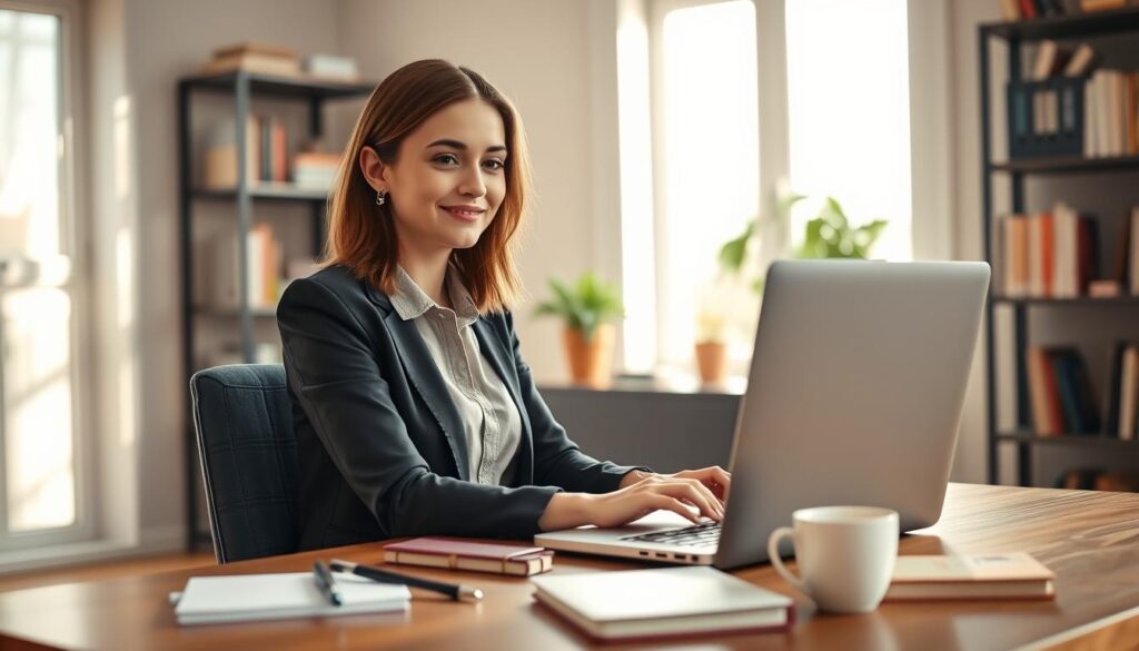 A young woman named Klaudia Klimczyk sitting at a stylish, modern desk in a cozy, well-lit room, with a laptop open in front of her, engaged in creating online content. She has shoulder-length brown hair and is wearing a smart casual outfit, a fitted blouse and tailored jeans, radiating a sense of professionalism and approachability. In the foreground, a cup of coffee and notebooks are scattered on the desk, suggesting creativity at work. The middle background features soft-focus shelves filled with books and a plant, adding warmth to the scene. The lighting is bright and inviting, coming from a large window on her left, creating an optimistic and inspiring atmosphere. The image captures the essence of a digital creator in a personal workspace.