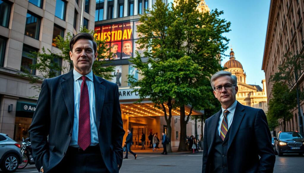 An elegant and professional urban scene set in Warsaw, featuring Andrzej Grabowski in a stylish business suit, standing confidently near a modern theater. The foreground includes a bustling street with actors and crew members engaging in their daily activities, symbolizing the vibrant art scene in the city. In the middle ground, showcase the theater's grand entrance adorned with lights and promotional posters of plays, surrounded by lush green trees. The background presents iconic Warsaw architecture, such as the Palace of Culture and Science, under a clear blue sky. Utilize warm, inviting lighting to create an optimistic atmosphere, capturing the essence of Warsaw as a hub of acting and logistics. The image should be composed with a slight low-angle perspective to emphasize the stature of the city and its thriving artistic community.