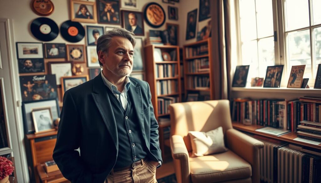 Andrzej Rosiewicz standing in a cozy, well-lit living room filled with memorabilia of his musical career, including vintage records and awards displayed on the walls. In the foreground, Andrzej, dressed in smart casual attire, is reflecting thoughtfully while sitting on a stylish armchair. The soft, warm light from a large window casts gentle shadows, highlighting his expressive features. In the background, a bookshelf packed with books and photos of his journey to fame can be seen, creating an inviting atmosphere. The overall mood is nostalgic yet inspirational, capturing the essence of his path to success in music. A camera angle from slightly above eye-level enhances the intimate and personal nature of the scene.