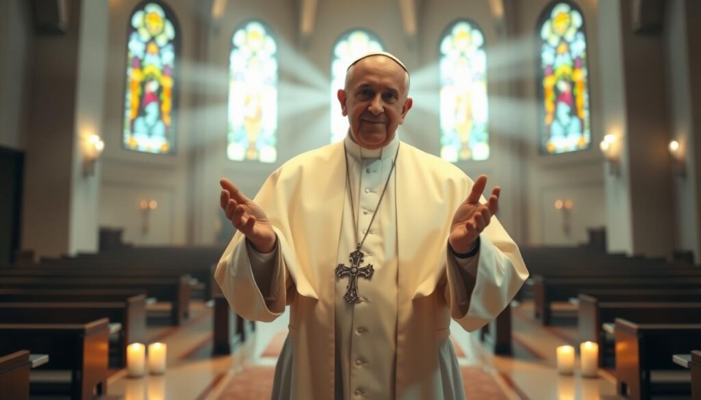 Pope Francis, depicted in an elegant, modern church setting, exuding warmth and compassion. In the foreground, he stands with his hands open in a welcoming gesture, wearing his traditional white cassock and a simple but dignified papal stole. The middle layer features soft rays of light filtering through stained glass windows, creating a serene atmosphere that highlights his figure. In the background, the understated architecture of the church emphasizes spiritual depth, with benches and candles softly illuminated. The overall mood should be peaceful and reflective, embodying the connection between faith and the arts, inviting viewers to contemplate the role of cinema in conveying religious values. The image should be shot from a slightly low angle to enhance the sense of reverence and inspiration.