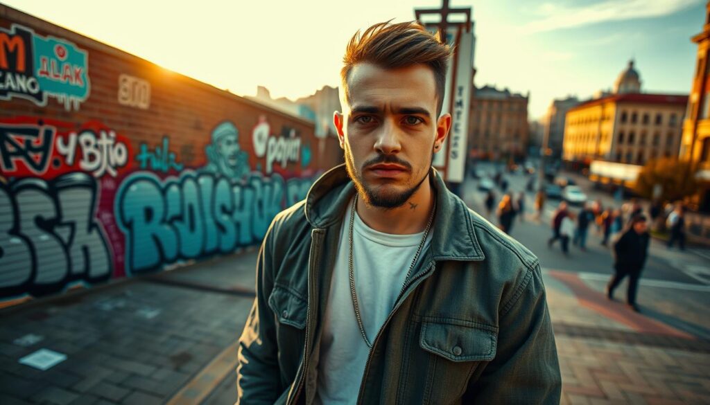 Wiktor Jakowski, a prominent figure in the Polish hip-hop scene, stands confidently in a vibrant urban setting. In the foreground, he is depicted wearing stylish casual attire, embodying the essence of contemporary hip-hop culture. His expression reflects determination and creativity, with subtle tattoos peeking from under his sleeves. In the middle ground, graffiti art and colorful murals adorn a brick wall, setting a dynamic backdrop that resonates with street culture. The background features a bustling cityscape that hints at Warsaw's architecture, giving context to his life and career. The lighting is warm and natural, with the golden hour sun casting soft shadows, creating an inviting and inspirational atmosphere. The angle is slightly low, emphasizing his stature and presence within this vibrant urban environment.